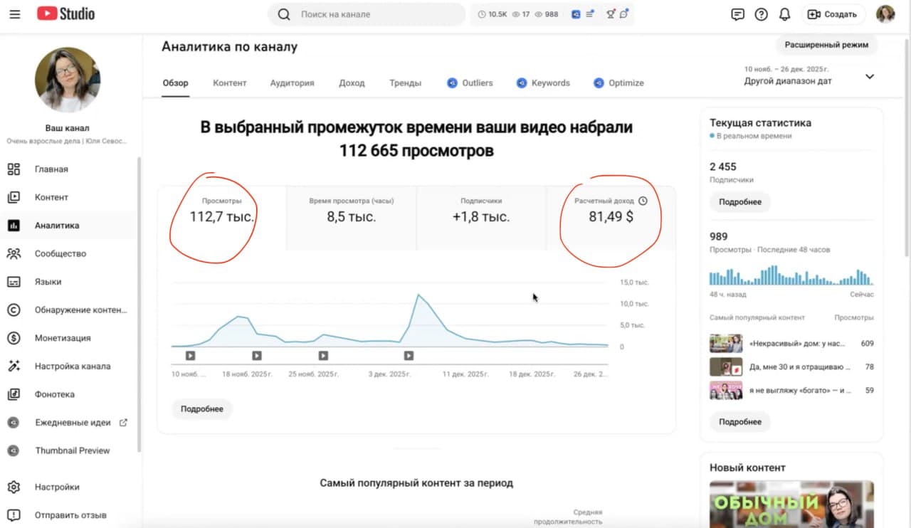 112 665 просмотров и 8 500 часов за месяц — выше порога монетизации в 4 000 часов. Появился первый доход $81.